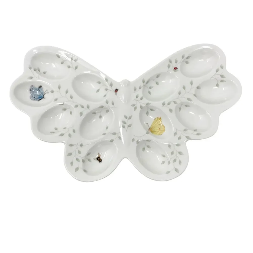 Lenox Butterfly Meadow Ceramic White Floral 12 Deviled Egg Platter 12.25 Inch